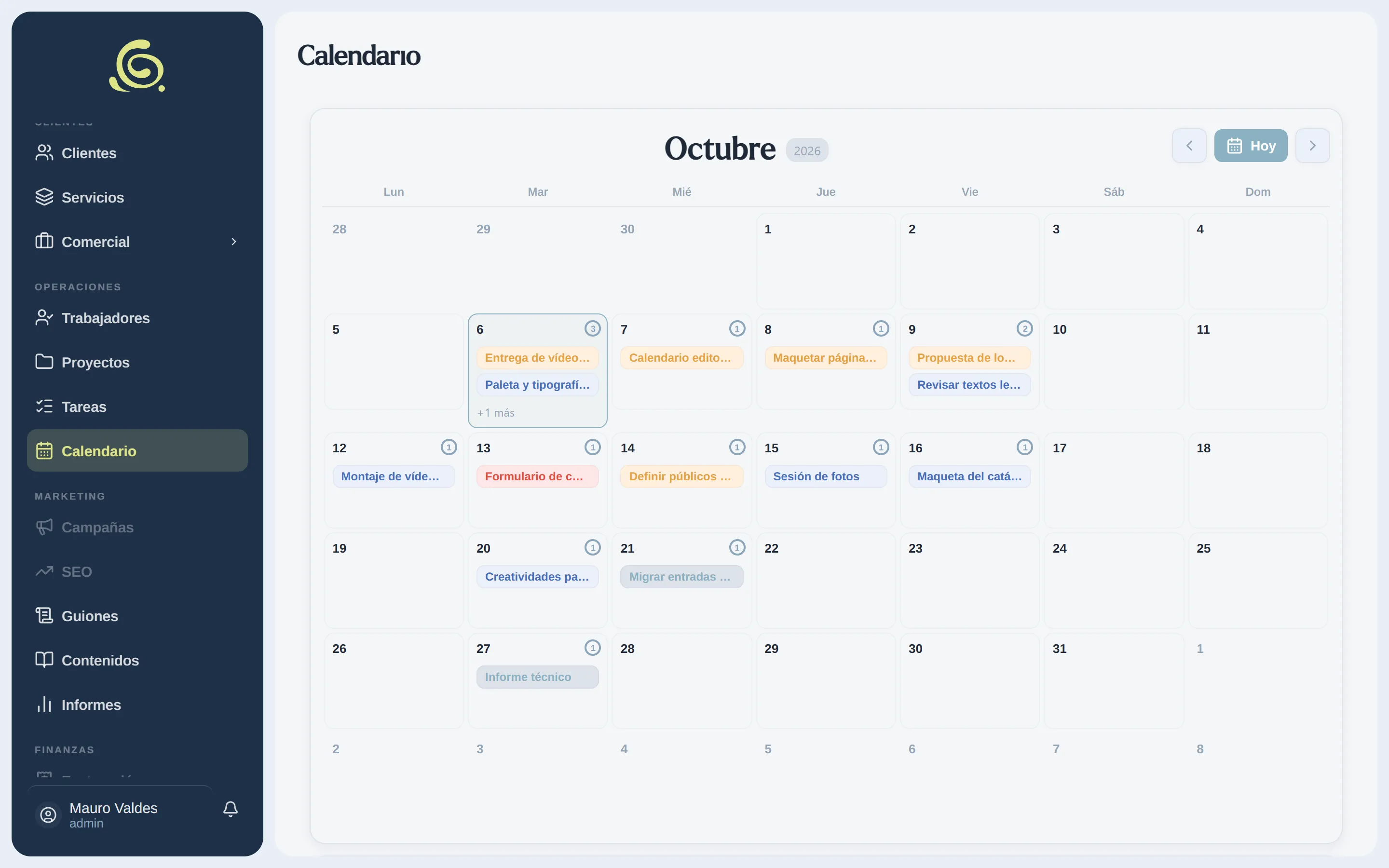 Calendario mensual con las tareas situadas en su fecha límite y coloreadas por prioridad.