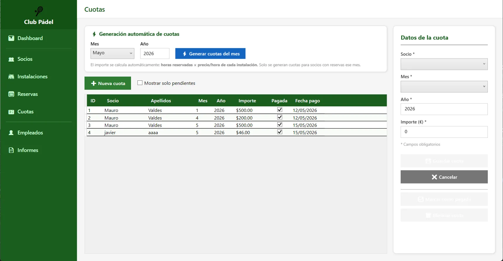 Pantalla de cuotas con el generador automático por mes y el listado de cuotas pagadas.