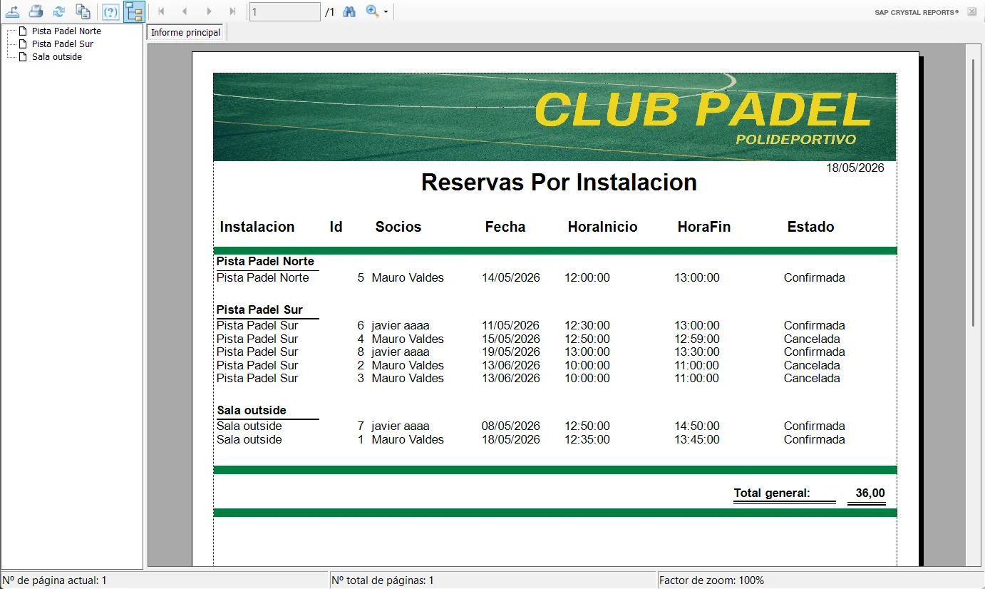 Informe de reservas agrupadas por instalación generado con Crystal Reports.
