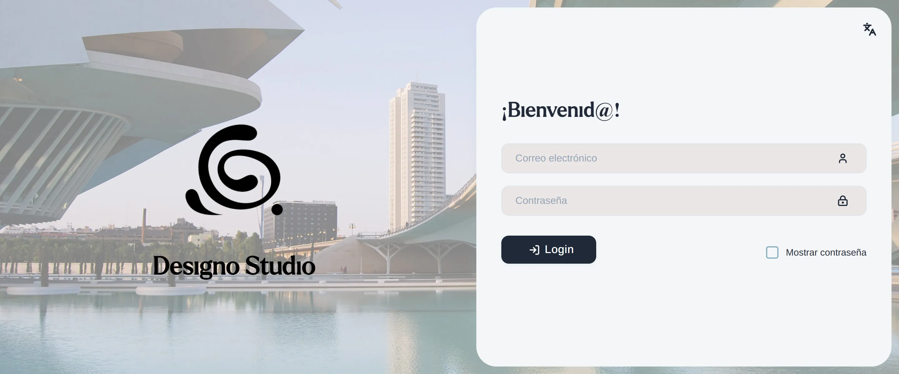 Pantalla de acceso del CRM: logotipo de Designo Studio sobre una fotografía de Valencia y formulario de correo y contraseña, vacío.