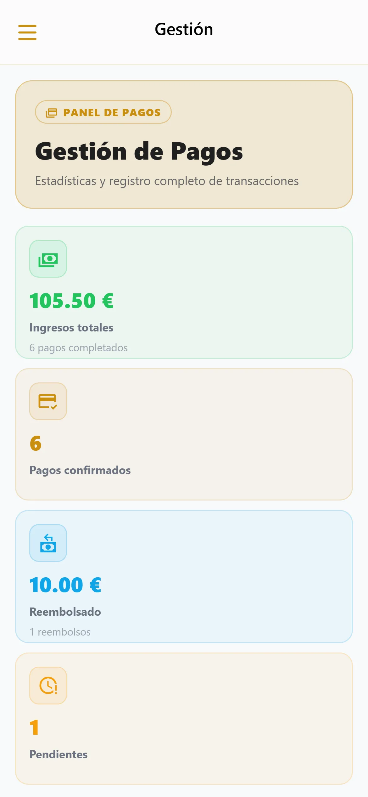 Panel de pagos de la administración con ingresos totales, pagos confirmados, importe reembolsado y pagos pendientes.