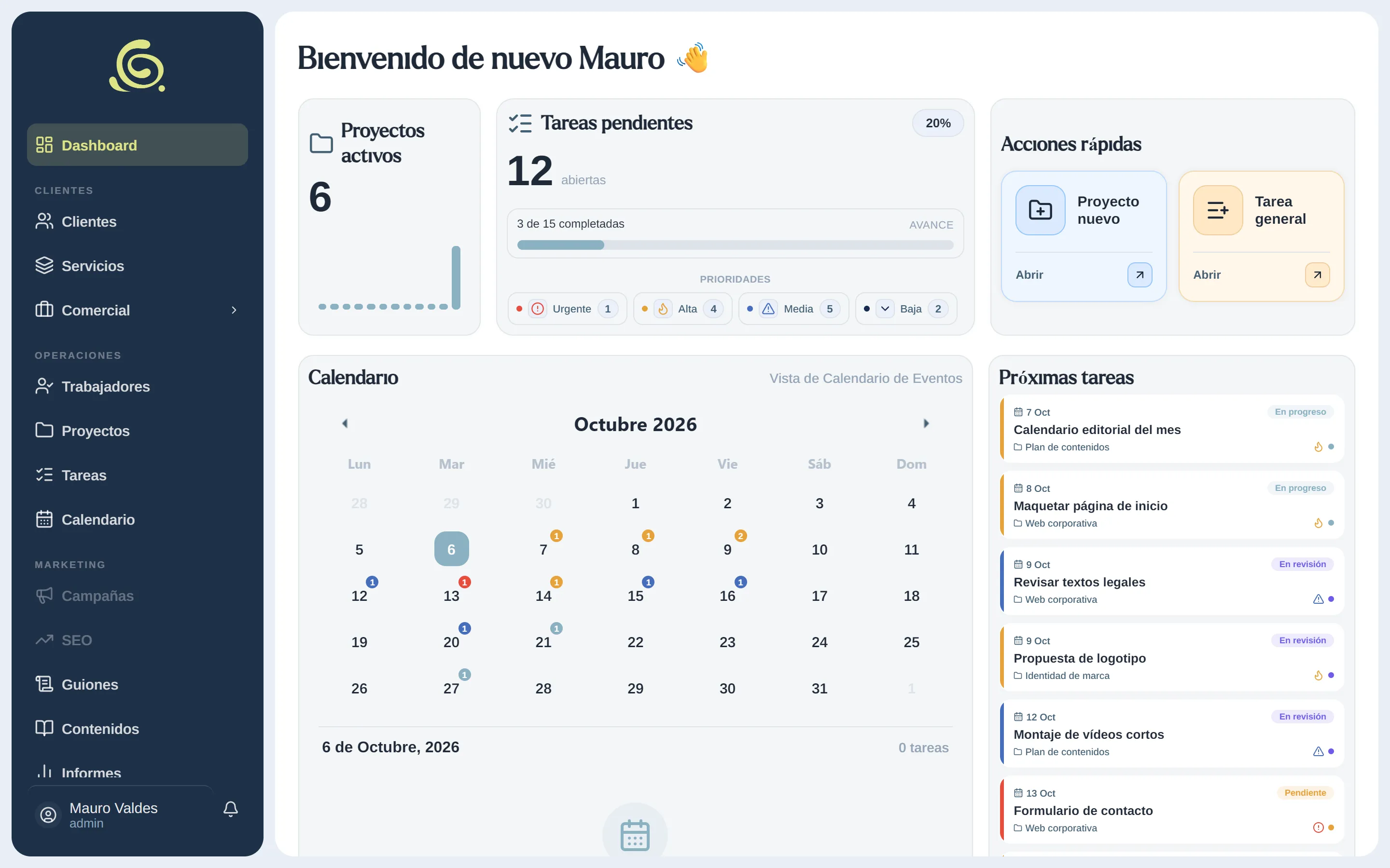 Panel de inicio del CRM: navegación lateral, proyectos activos, tareas pendientes por prioridad, calendario del mes y próximas tareas.