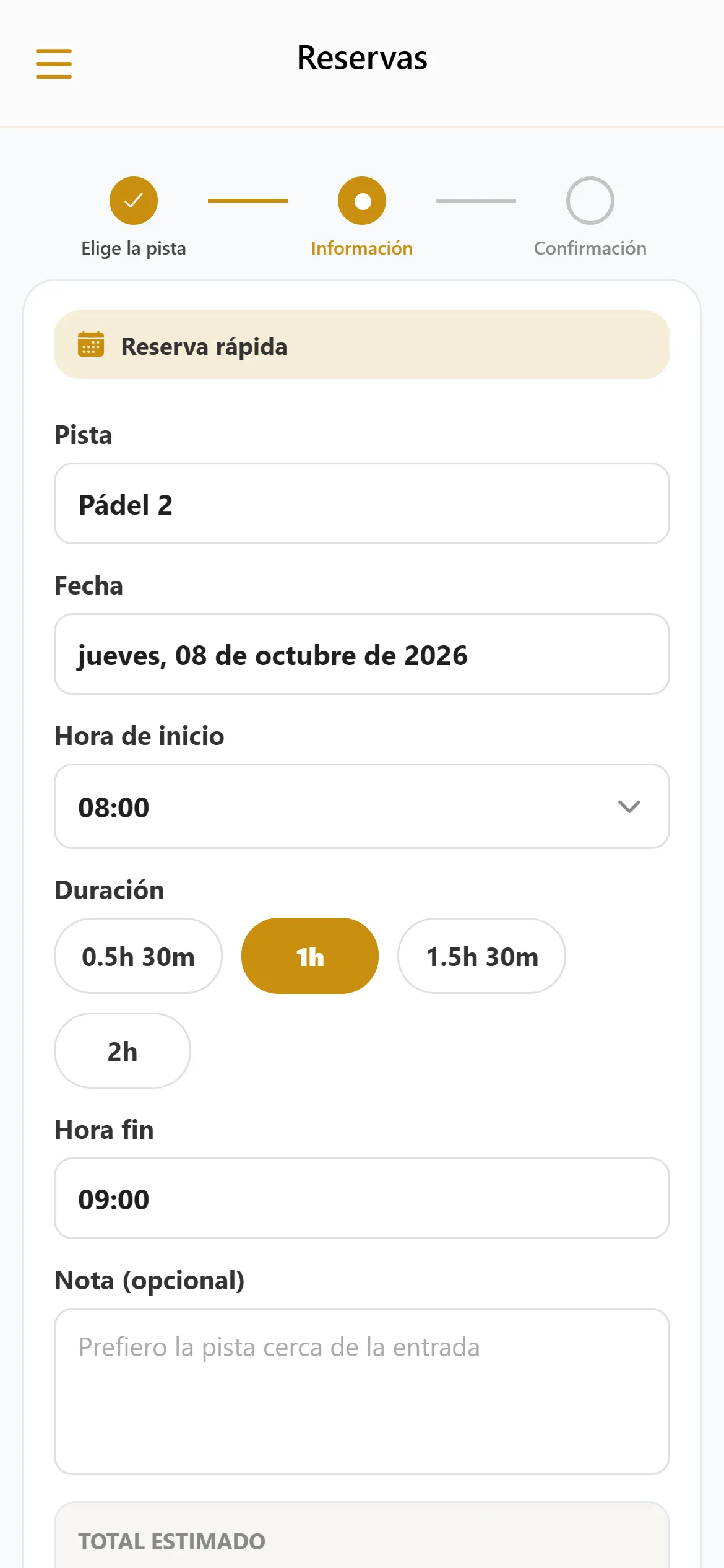 Segundo paso de una reserva: pista y fecha elegidas, hora de inicio, duración, hora de fin y nota opcional.